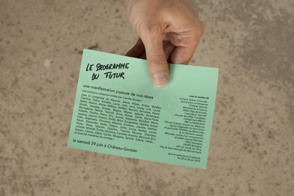 Camille Bondon, Le Programme du Futur, tract pour manifestation du 29 juin 2019, Château-Gontier, image : cb